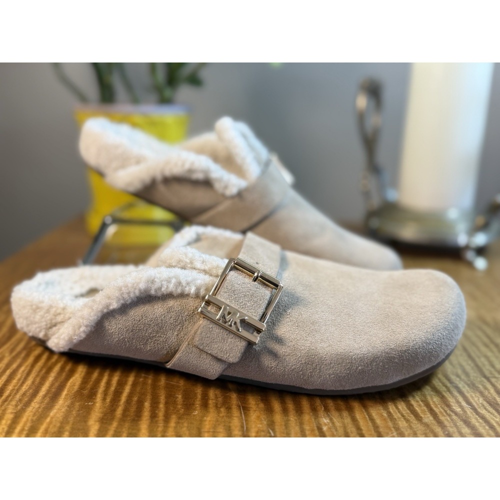 Michael Kors Suede Slip On Mules Women's Shoes Sz 8.5 EUC Gold Buckle Beige Sued